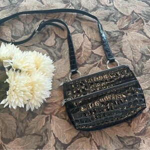 Brighton Black Crossbody Bag with Crocodile Embossed Leather